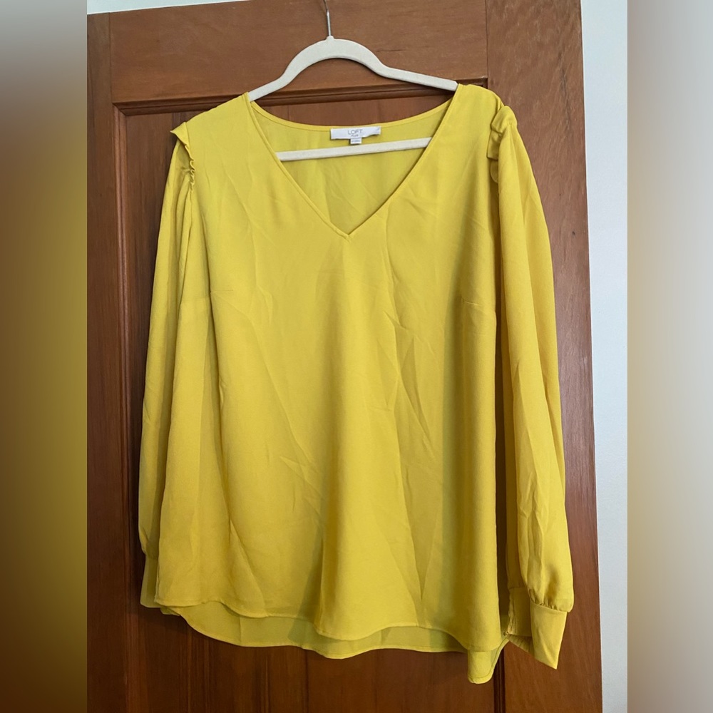LOFT Yellow V-Neck Blouse with Ruffled Shoulders